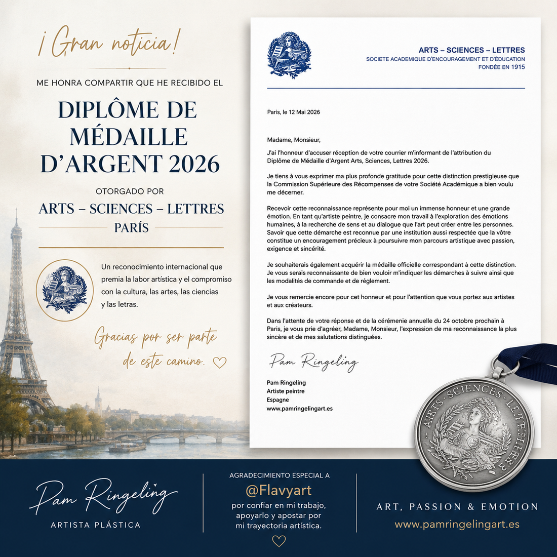 Reconocimiento internacional: Medalla de Plata Arts, Sciences, Lettres 2026